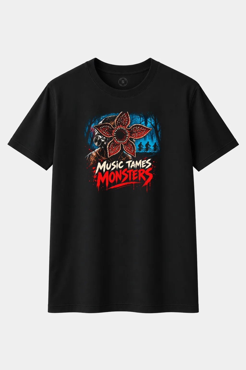 Camiseta Monstruo Demogorgon con Auriculares “Music Tames Monsters” – Terror Friki