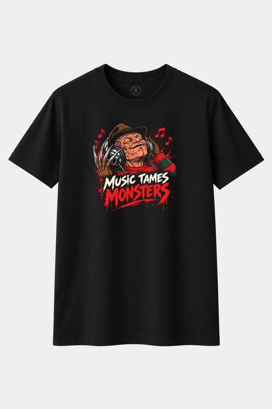 Camiseta Monstruo de Pesadilla con Auriculares “Music Tames Monsters” – Terror Retro