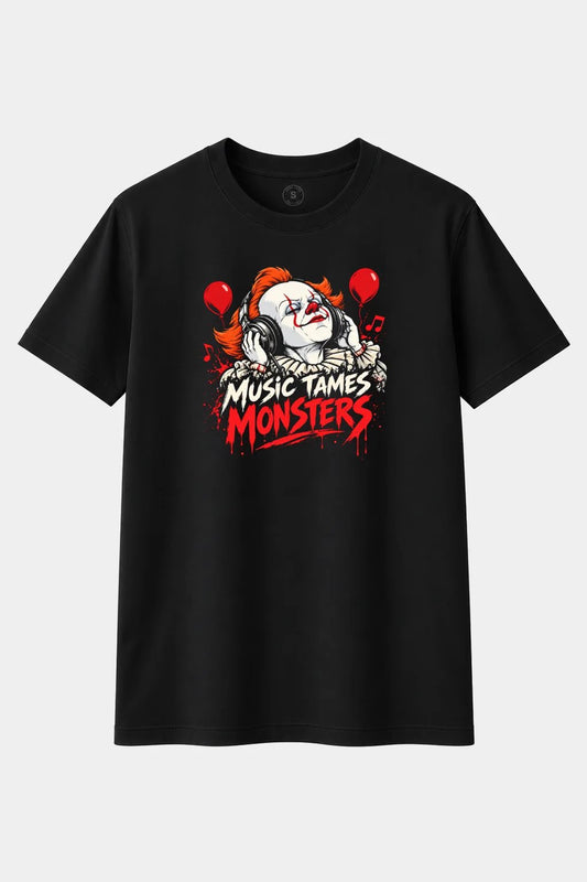 Camiseta Payaso Terrorífico con Auriculares “Music Tames Monsters” – Horror y Música