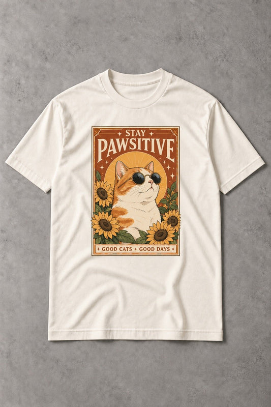 Camiseta Stay Pawsitive – Gato con Girasoles