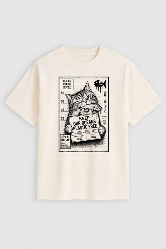 Camiseta Ocean Police – Keep Our Oceans Plastic Free - Fish Hunter Cat