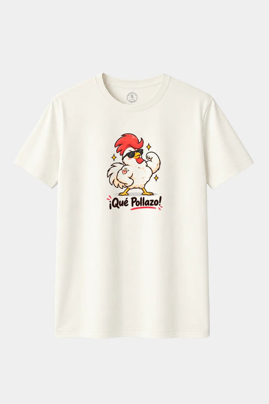 Camiseta ¡Qué Pollazo! – Gallo Musculoso y Divertido
