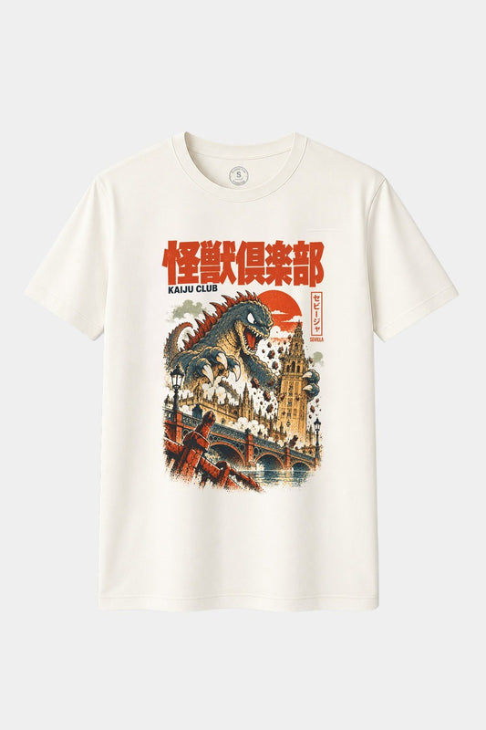 Camiseta Kaiju Club Sevilla – Monstruo Gigante Japonés en la Plaza de España | Estilo Godzilla Retro