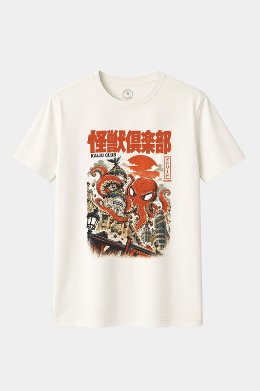Camiseta Kaiju Club Madrid – Pulpo Gigante Atacando Gran Vía | Monstruo Japonés Retro