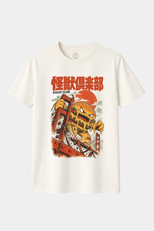 Camiseta Kaiju Club San Francisco – Burgerzilla Ataca el Golden Gate | Hamburguesa Monstruosa Retro