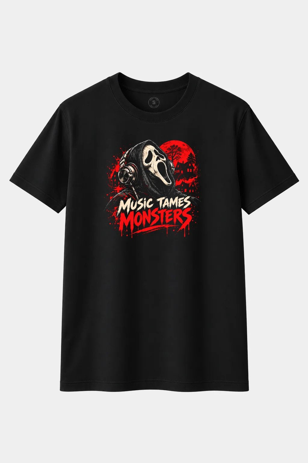 Camiseta Fantasma con Auriculares “Music Tames Monsters” – Terror y Música