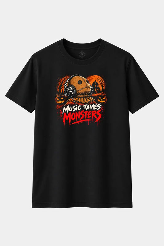 Camiseta Muñeco Halloween con Auriculares “Music Tames Monsters” – Terror y Música