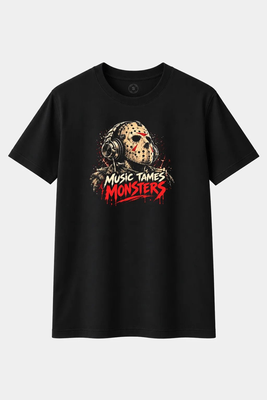 Camiseta Máscara de Hockey con Auriculares “Music Tames Monsters” – Terror Friki