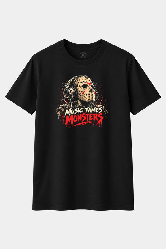 Camiseta Máscara de Hockey con Auriculares “Music Tames Monsters” – Terror Friki