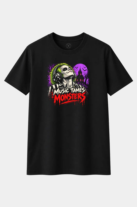 Camiseta Fantasma Excéntrico con Auriculares “Music Tames Monsters” – Terror Retro